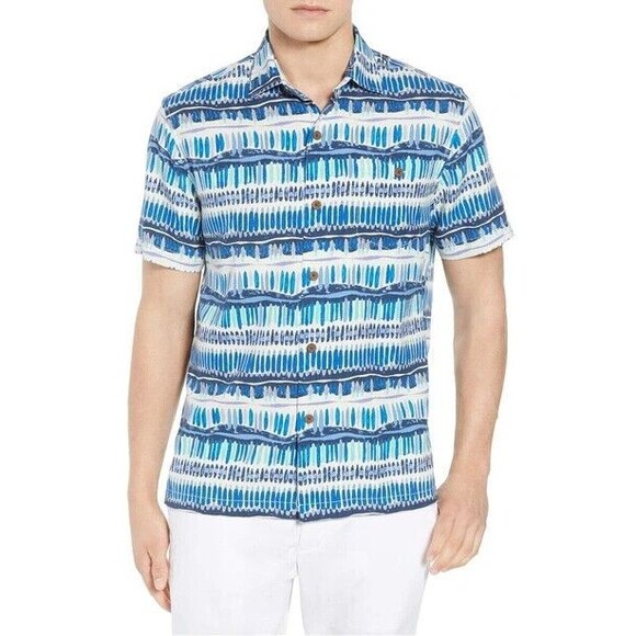 TOMMY BAHAMA Blue White Geo Surf Silk Hawaiian Short Sleeve Camp Shirt SIZE XXL - Picture 1 of 14